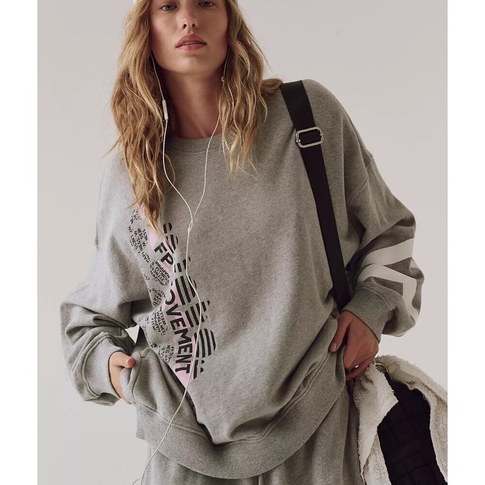 Nwt Free People Movement All Star Pullover Logo - S Heather Grey/White